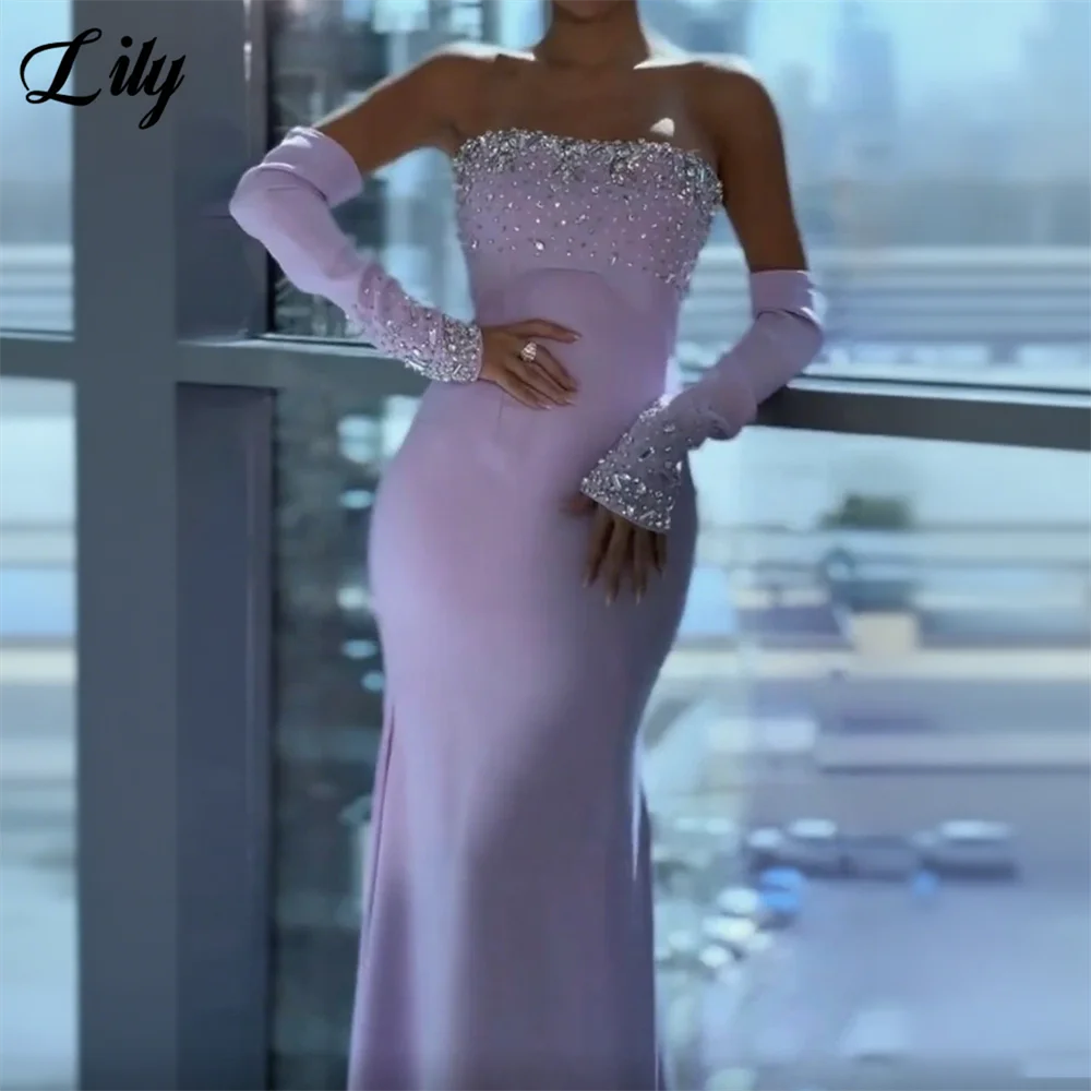 Lily Lavender Evening Gown Strapless Mermaid Prom Dress Crystal Evening Dress Detachable Sleeves Srobes de soirée Customized