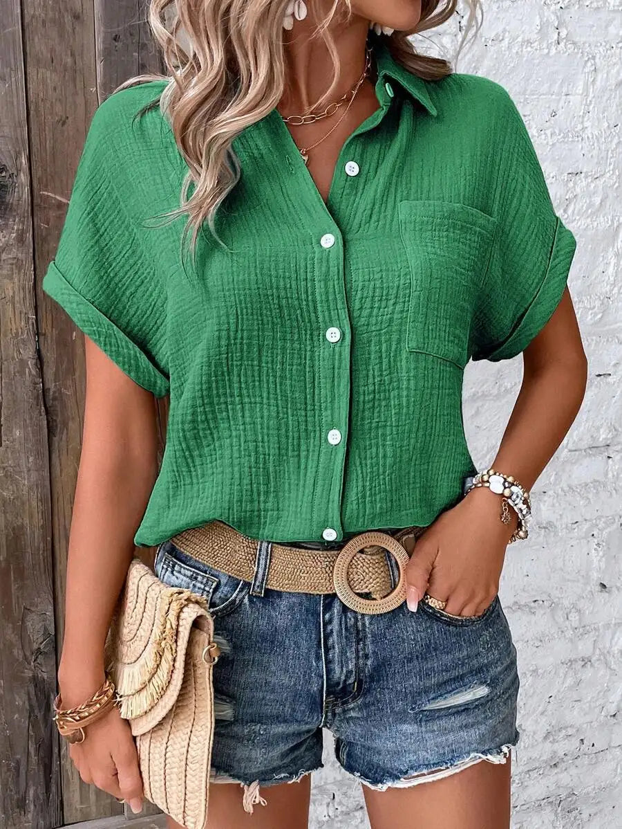 Short Sleeve Cotton Button Down Blouse With Pockets for Women