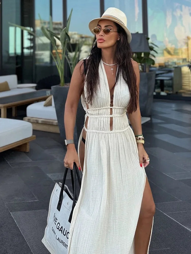 2025 Sexy Swimsuit Cover Up V Neck Back Open Beach Maxi Dress For Women Braided Belt Slit Long Tunic Vintage Party Dresses A2922