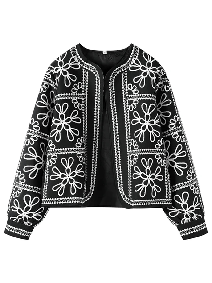 Women'S Retro Open Front Printed Embroidered Jacket, Lightweight Casual Long Sleeved Autumn Street Fashion Cardigan