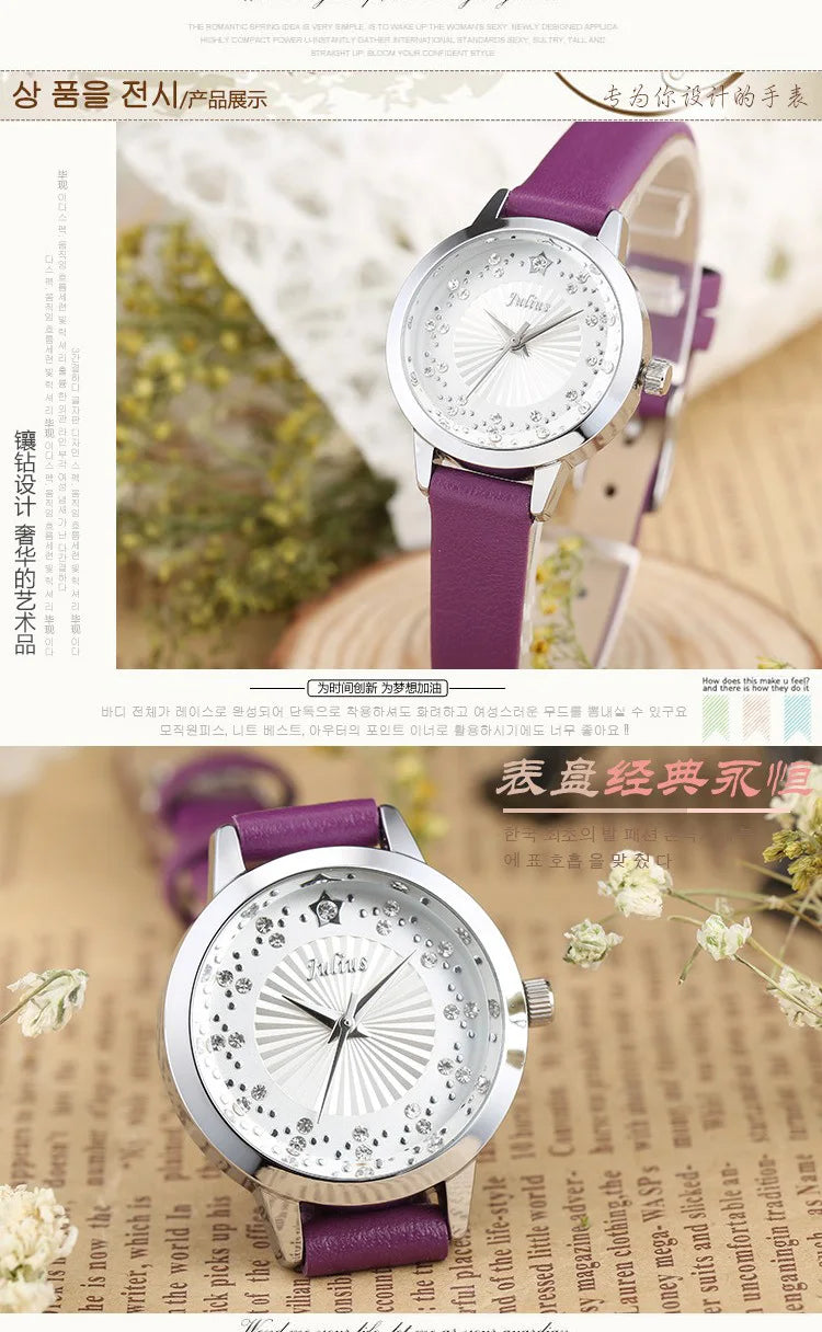 Small Rhinestones Julius Lady Women's Watch Japan Quartz Elegant Fashion Hours Bracelet Leather Girl's Gift No Box
