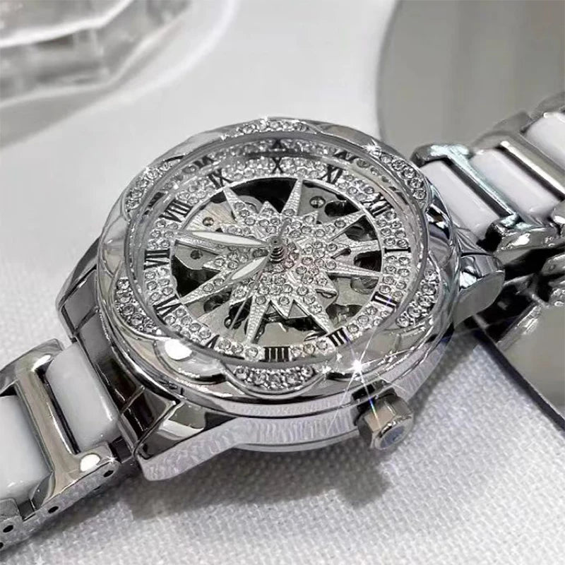 Skeleton Dial Diamond Accent Quartz Watch