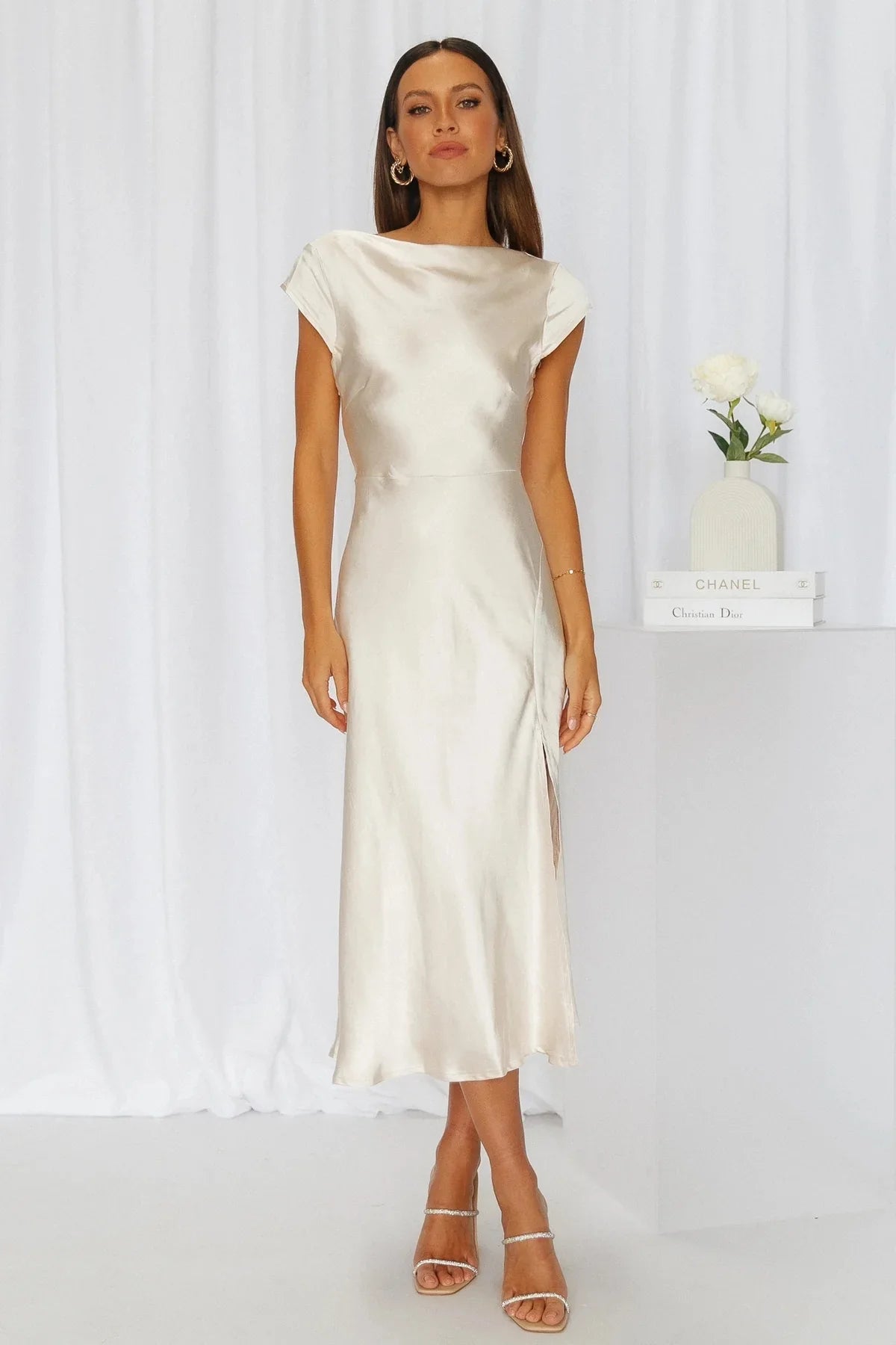 Elegant Solid Color Satin Slim Backless Slit Dress for Women