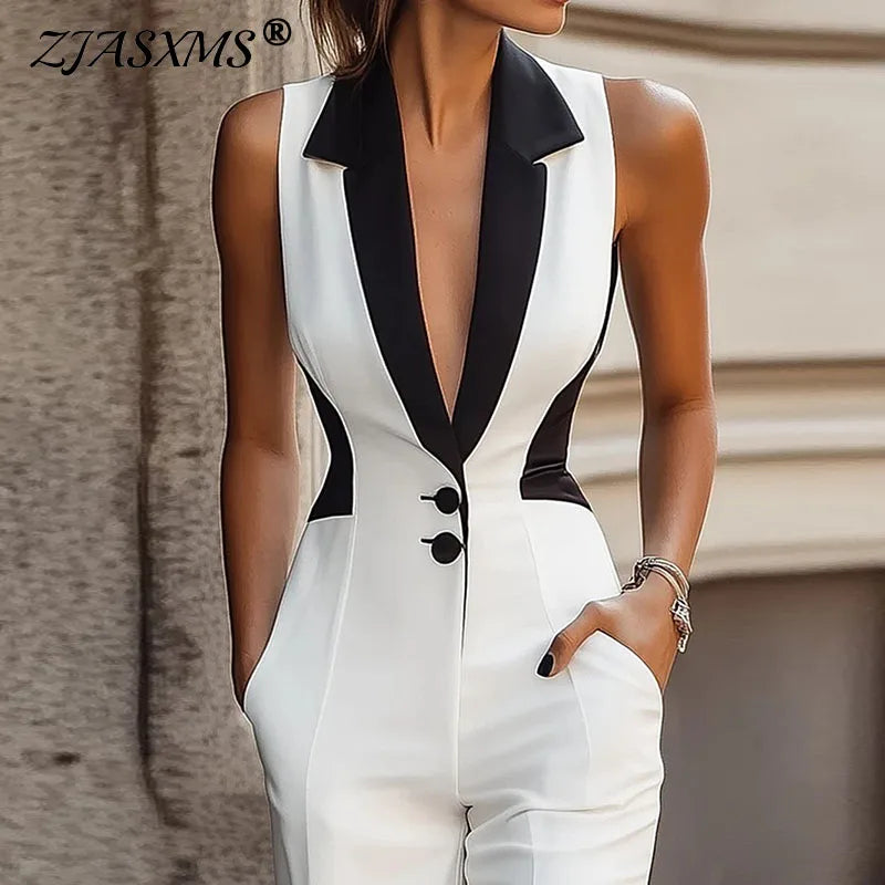 Color Block Notched Collar Blazer Jumpsuit for Women