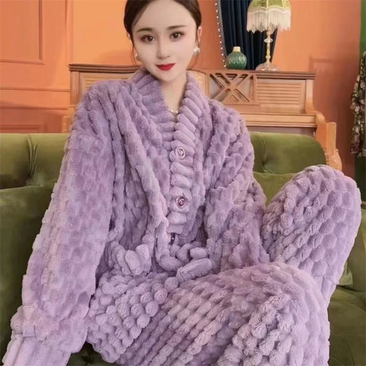 5XL Stripes Women's Flannel Cardigan Home Fur Solid Color Loose Coral Velvet Pajama Set Autumn/Winter Pants Two Piece Suit Red