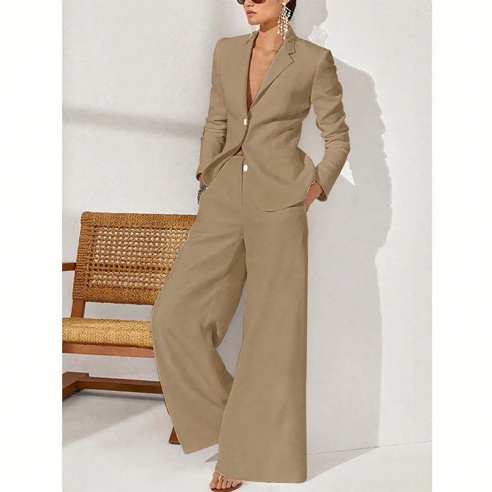 Summer Linen Women Pants Sets White Fashion Notch Lapel Single Breasted 2 Piece Elegant Chic Daily Casual Office Female Suit