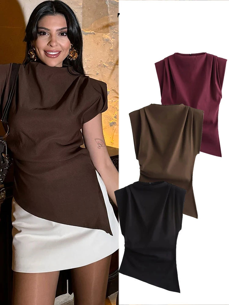 Retro Solid Color Asymmetrical Zipper Top for Women