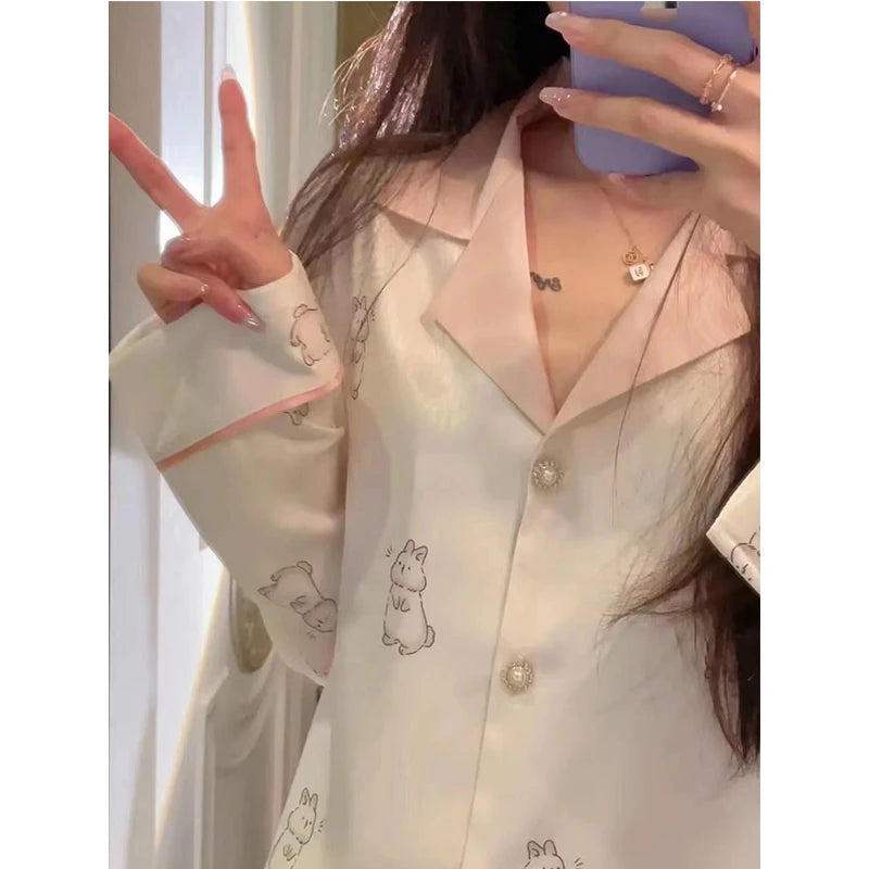 Flowers Twill Print Classy Women's Pajamas Spring Autumn Two-piece Sets Long Female Lounges Simulated Silk 2024 New Y2k Homewear
