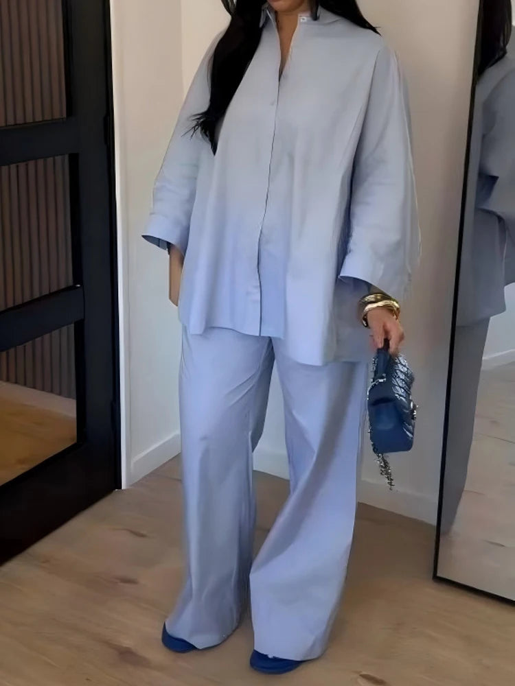 Casual Long Sleeve Shirt and Pants Two Piece Set for Women
