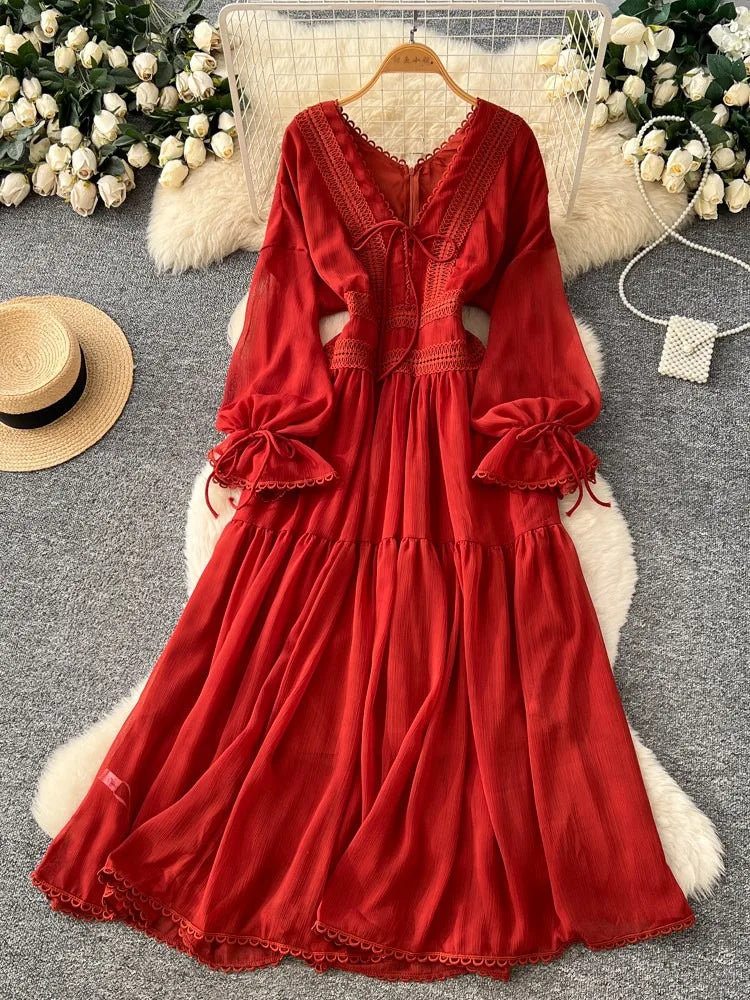 Elegant French V-Neck Waist-Cinching Maxi Dress for Women