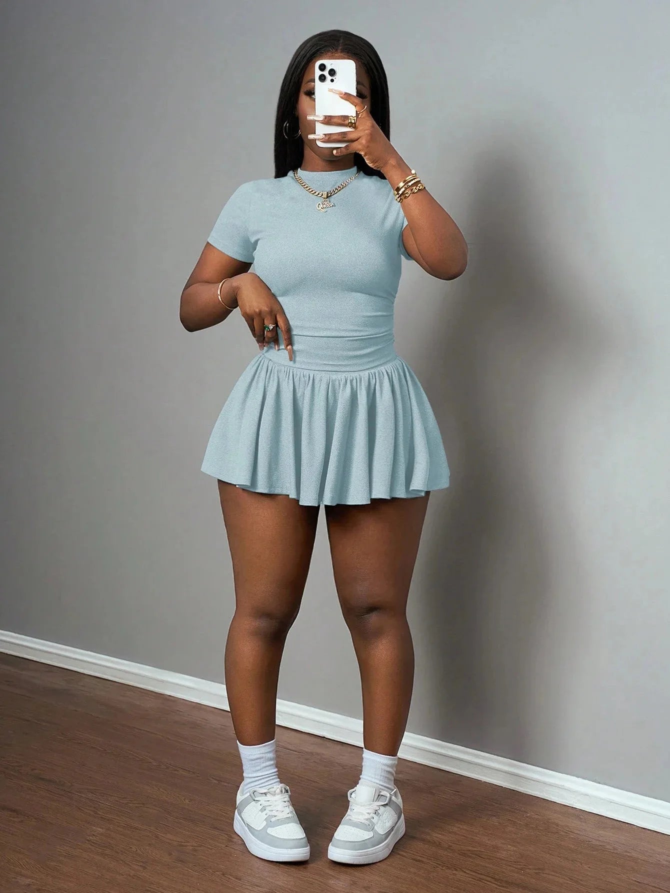 Casual Ribbed Two Piece Set with Crop Top and Pleated Skirt for Women