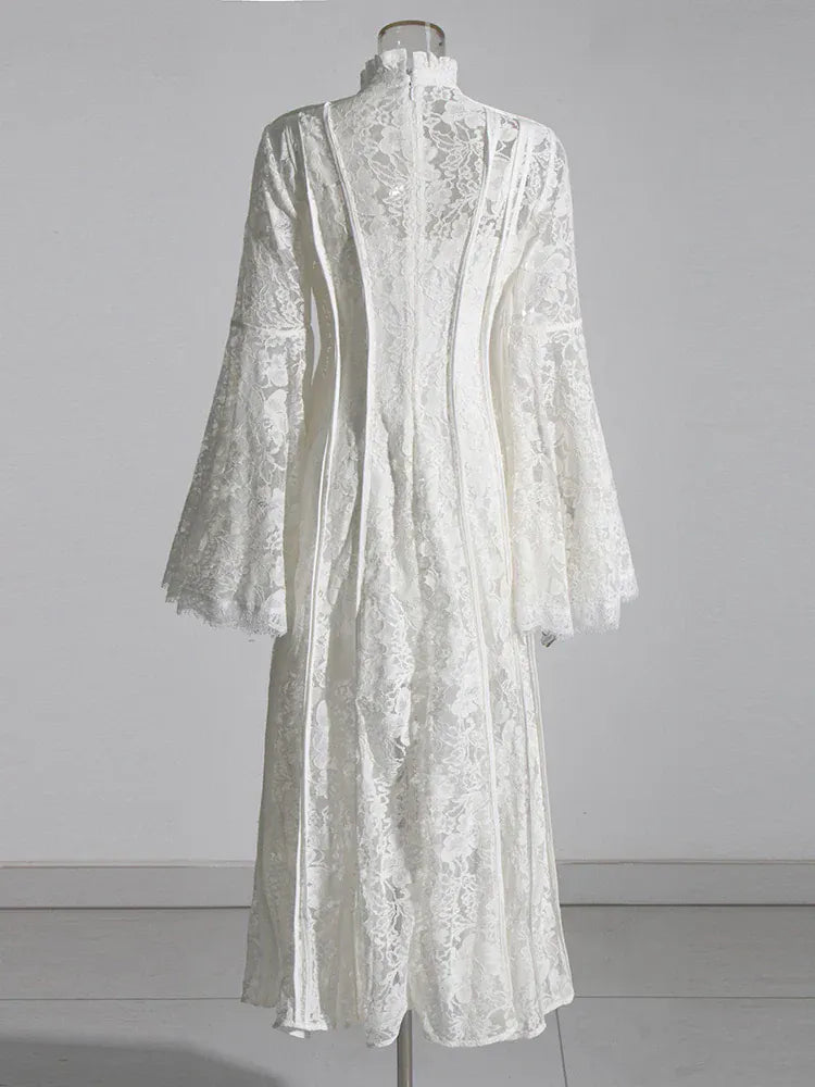 TWOTWINSTYLE Patchwork Lace Slimming Dresses For Women Stand Collar Flare Sleeve High Waist Solid Elegant Dress Female Fashion