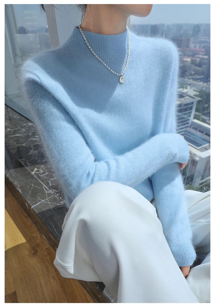 Loose Cashmere Knit Half High Neck Pullover Sweater for Women