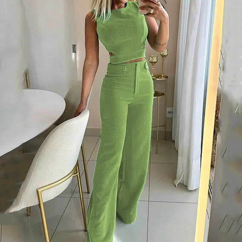 Hollow Out Sleeveless Crop Top and Wide Leg Pants Set for Women