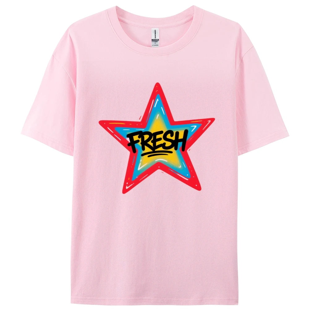 Graffiti Style FRESH Colorful Star Graphic Tee Casual White T-Shirt with Vibrant Gradient Star Design for Trendy Urban Fashion