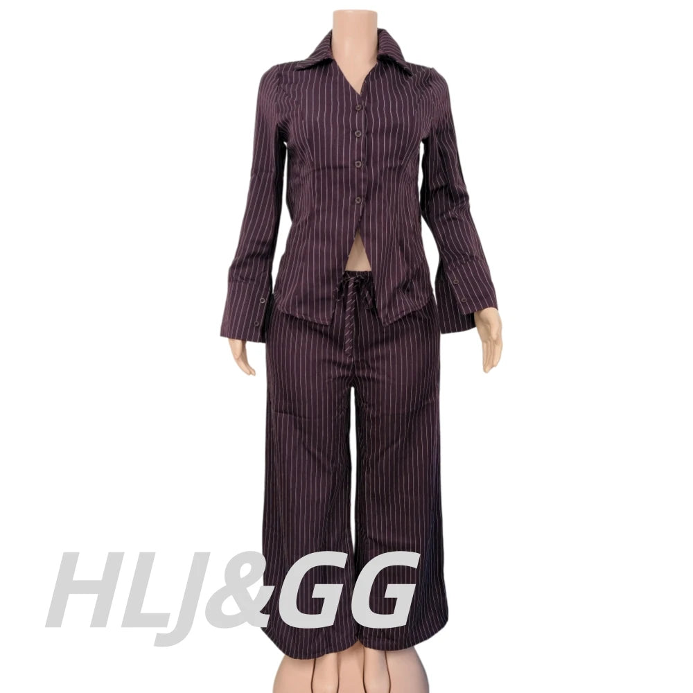 Vertical Striped Crop Shirt and Wide Leg Pants Outfit Set for Women