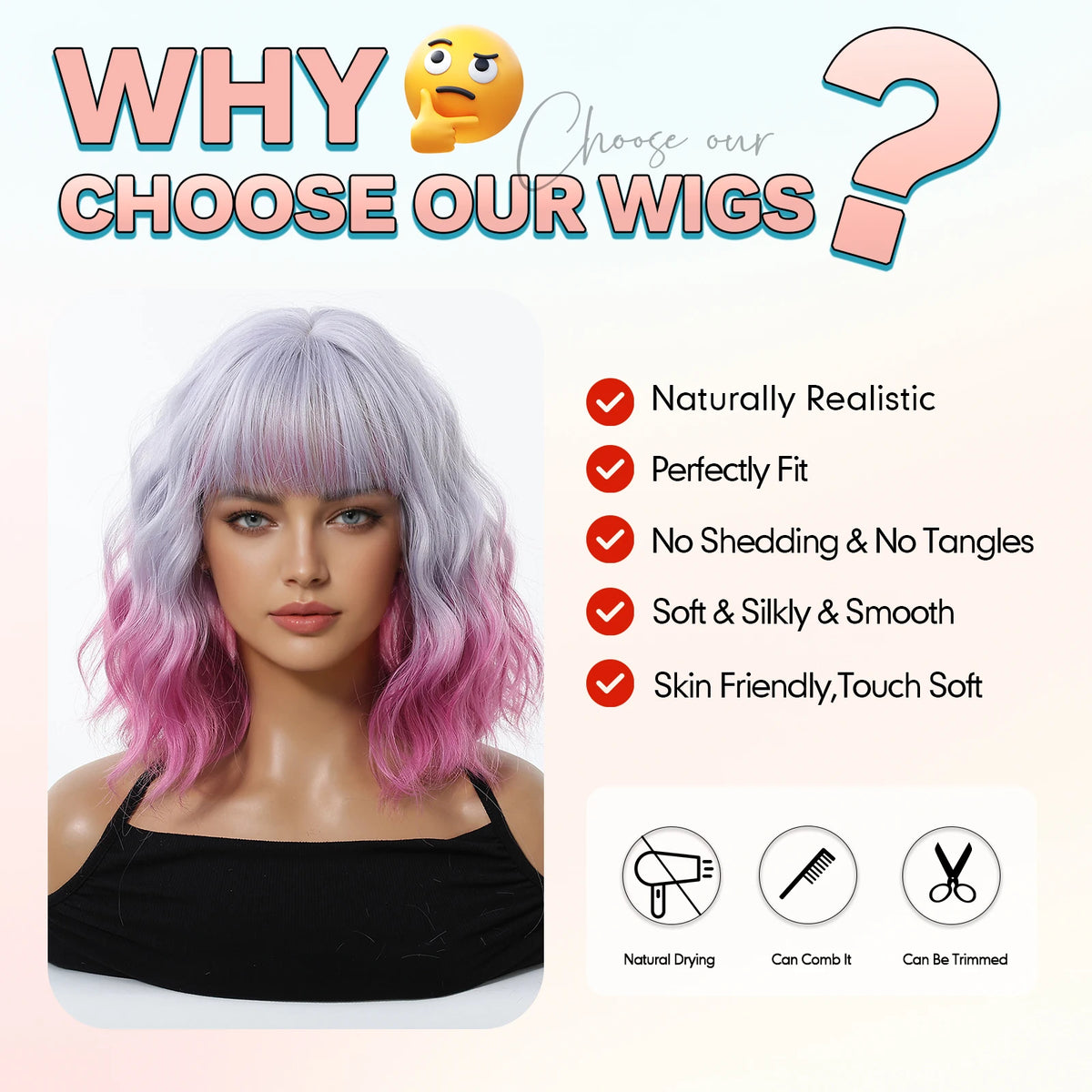 Pink Purple Ombre Curly Synthetic Wig With Bangs for Women