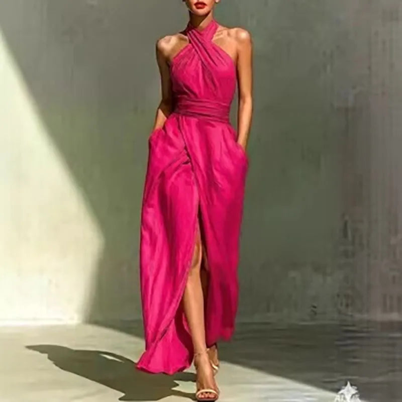 Criss Cross Halter Ruched Slit Maxi Dress for Women
