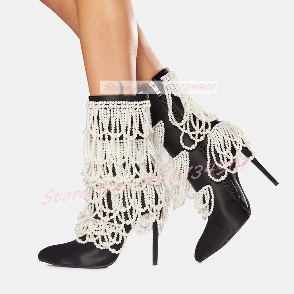 Pearl Chain Embellished Satin Mid Calf Pointed Toe Boots for Women