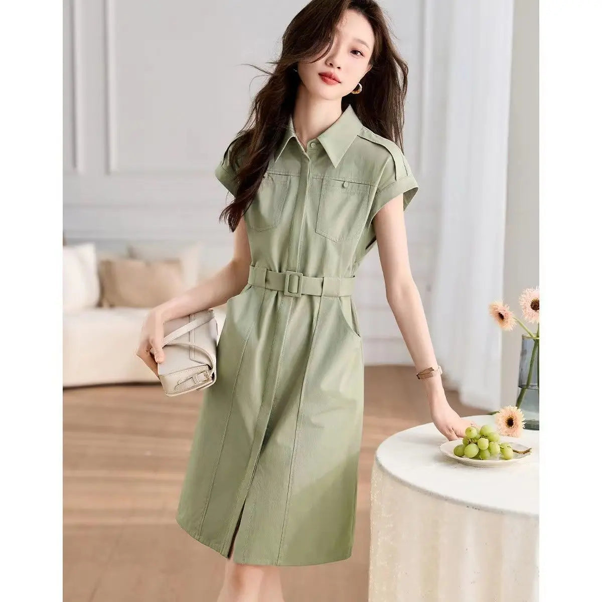 Single Breasted Green Midi Skirt With Pockets For Women