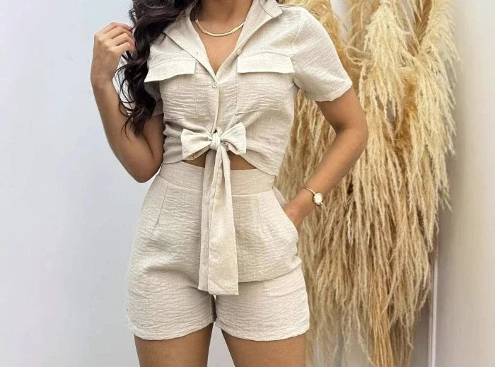Casual Shorts 2 Piece Sets Woman Fashion Short Sleeved Lace Up Shirt and Half Pants Suit Streetwear 2025 New Spring and Summer