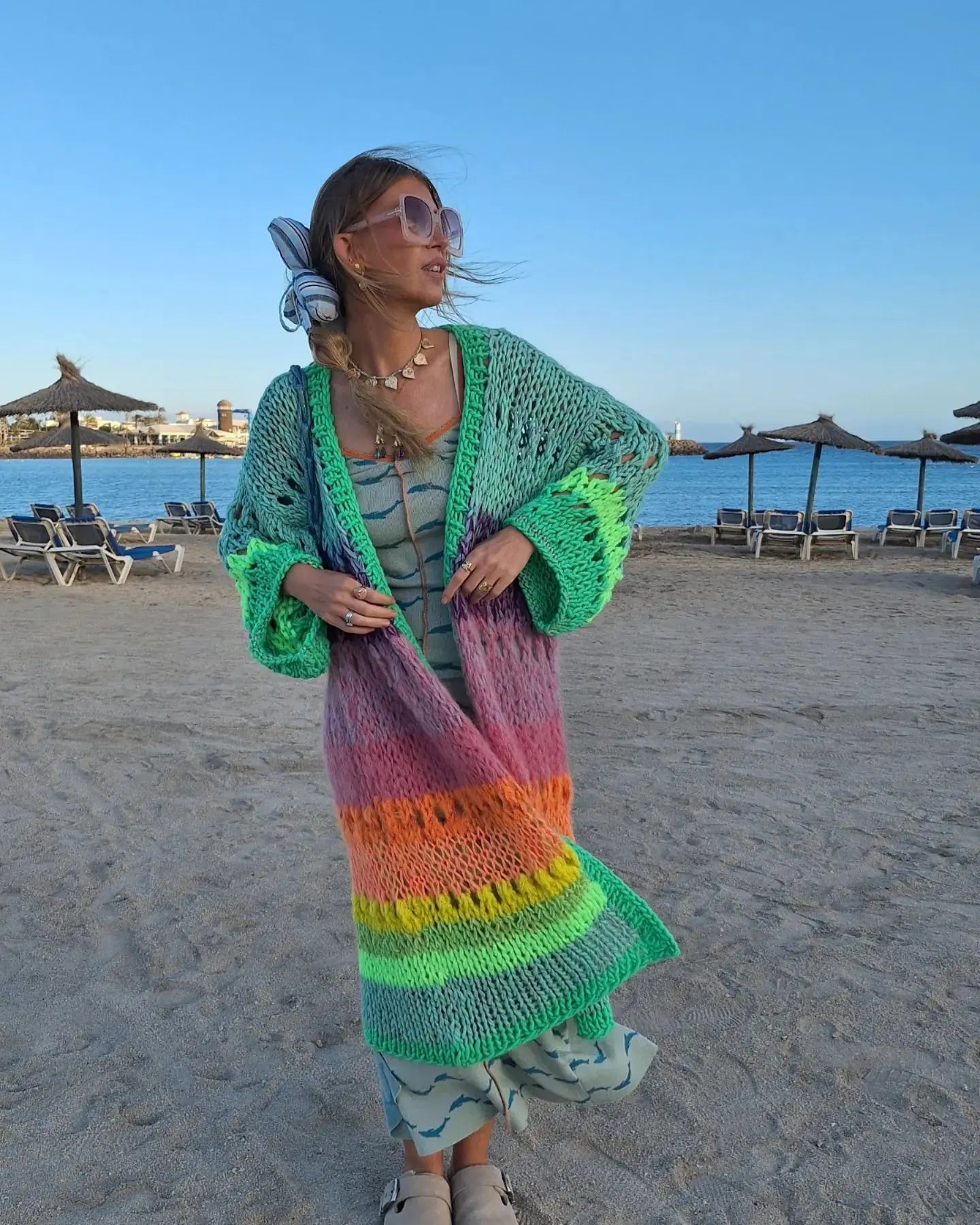 Boho Colorful Luxuriously Handknit Bell Sleeve Crochet Loose Kimono Cardigan 2024 Women Fall Winter Coat Beach Coverup Dress K12
