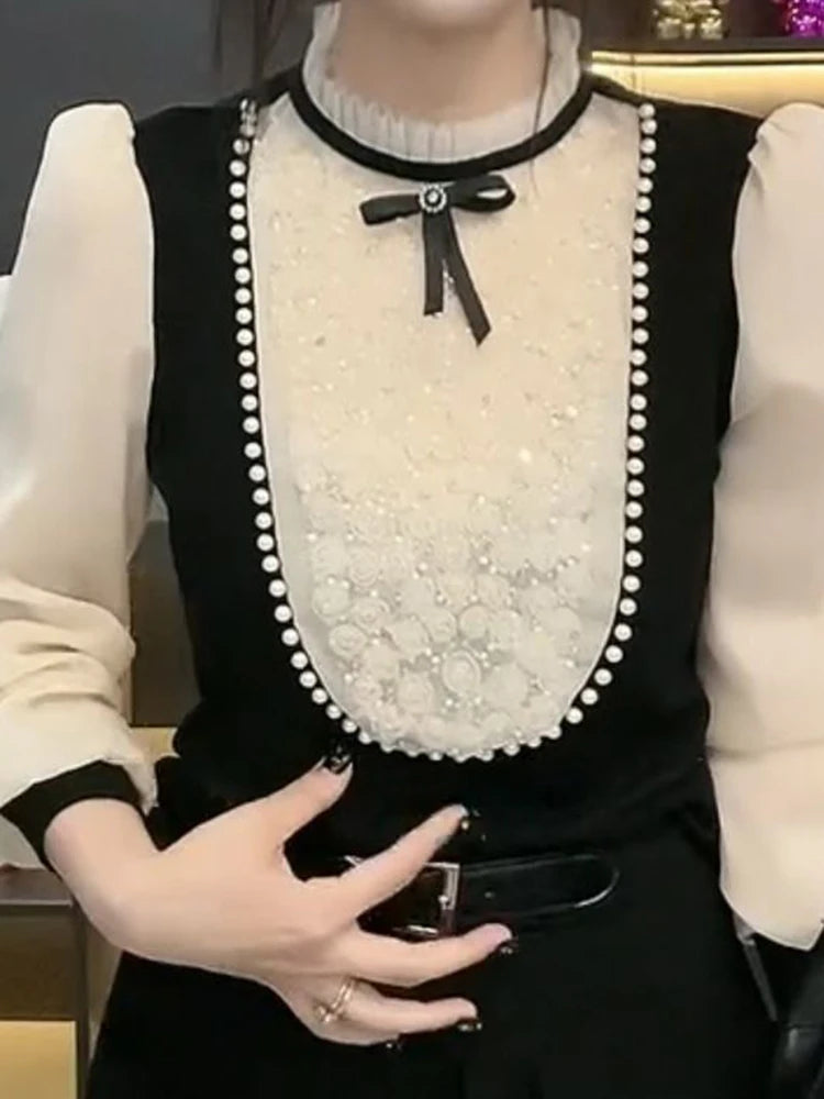 Beaded Long Sleeve O Neck Versatile Blouse For Women