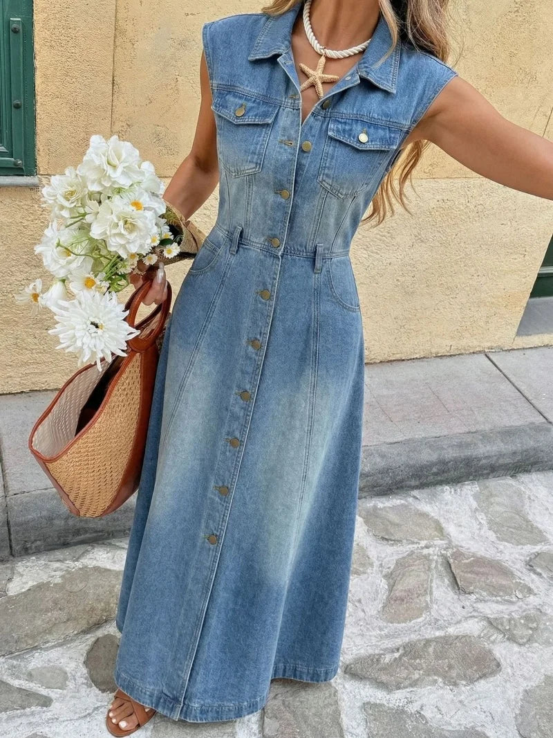 Sleeveless Lapel Denim Midi Dress With Pockets for Women