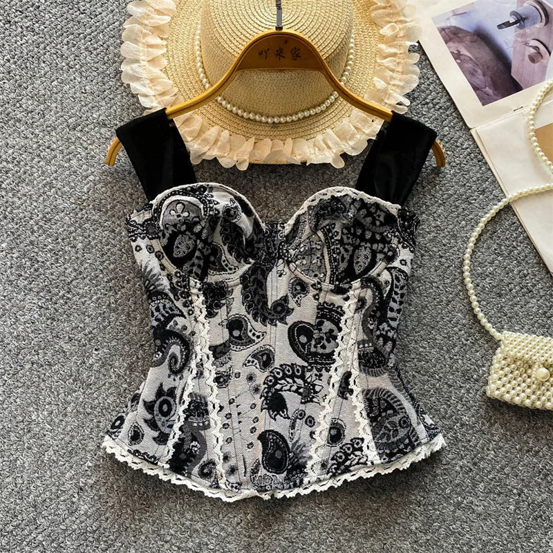 Vintage Floral Lace Spliced Camisole Tank Top for Women