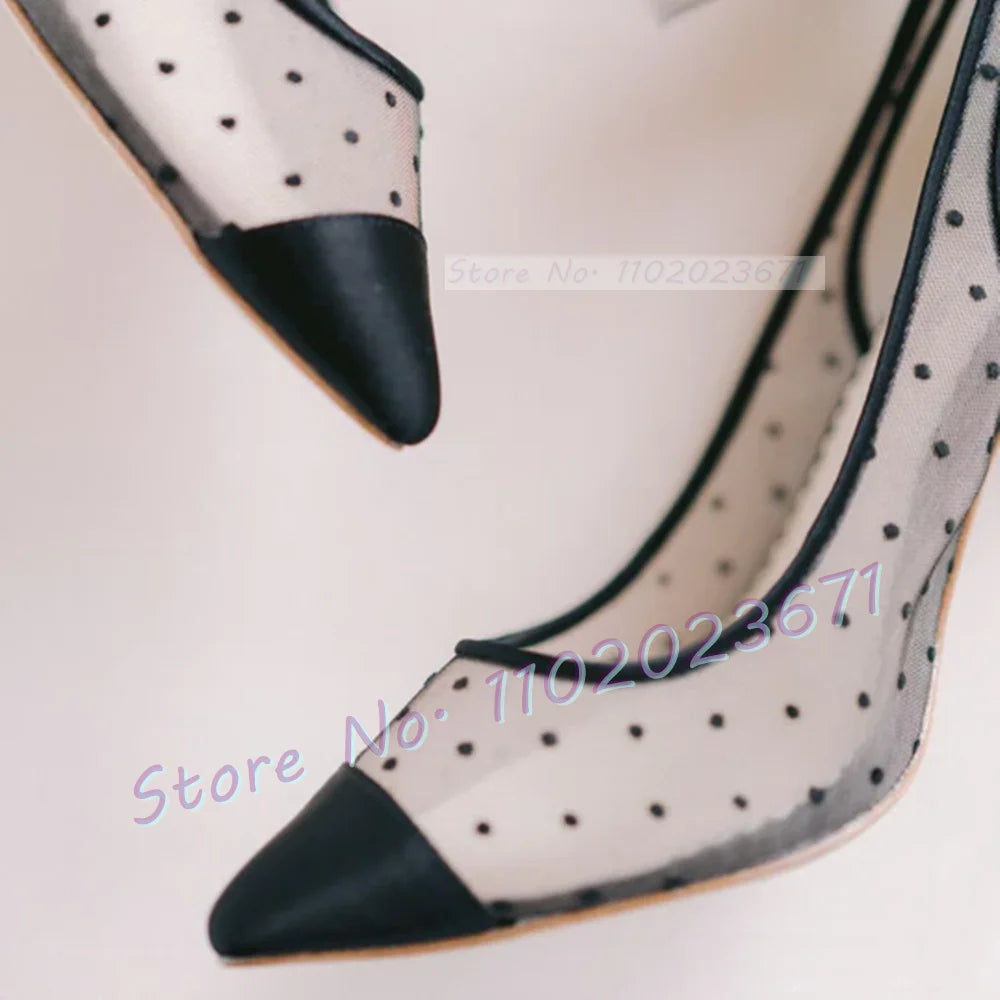 Black Tulle Bow Dots Pumps Women Summer Mesh High Heels Sexy Pointy Wedding Silk Shoes Ladies Party Solid Casual Slingback Pumps