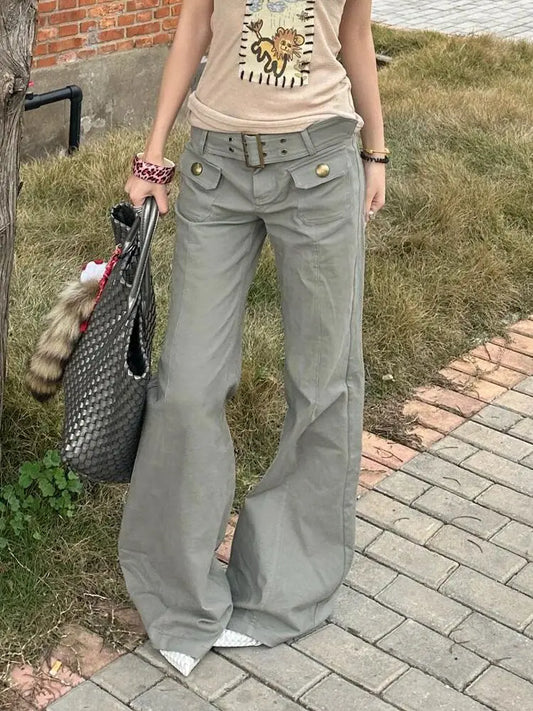 American Block Multi-pocket Functional High-waist Composite Design Waist Work Pants Women Gray Straight Slimming Floor Trousers