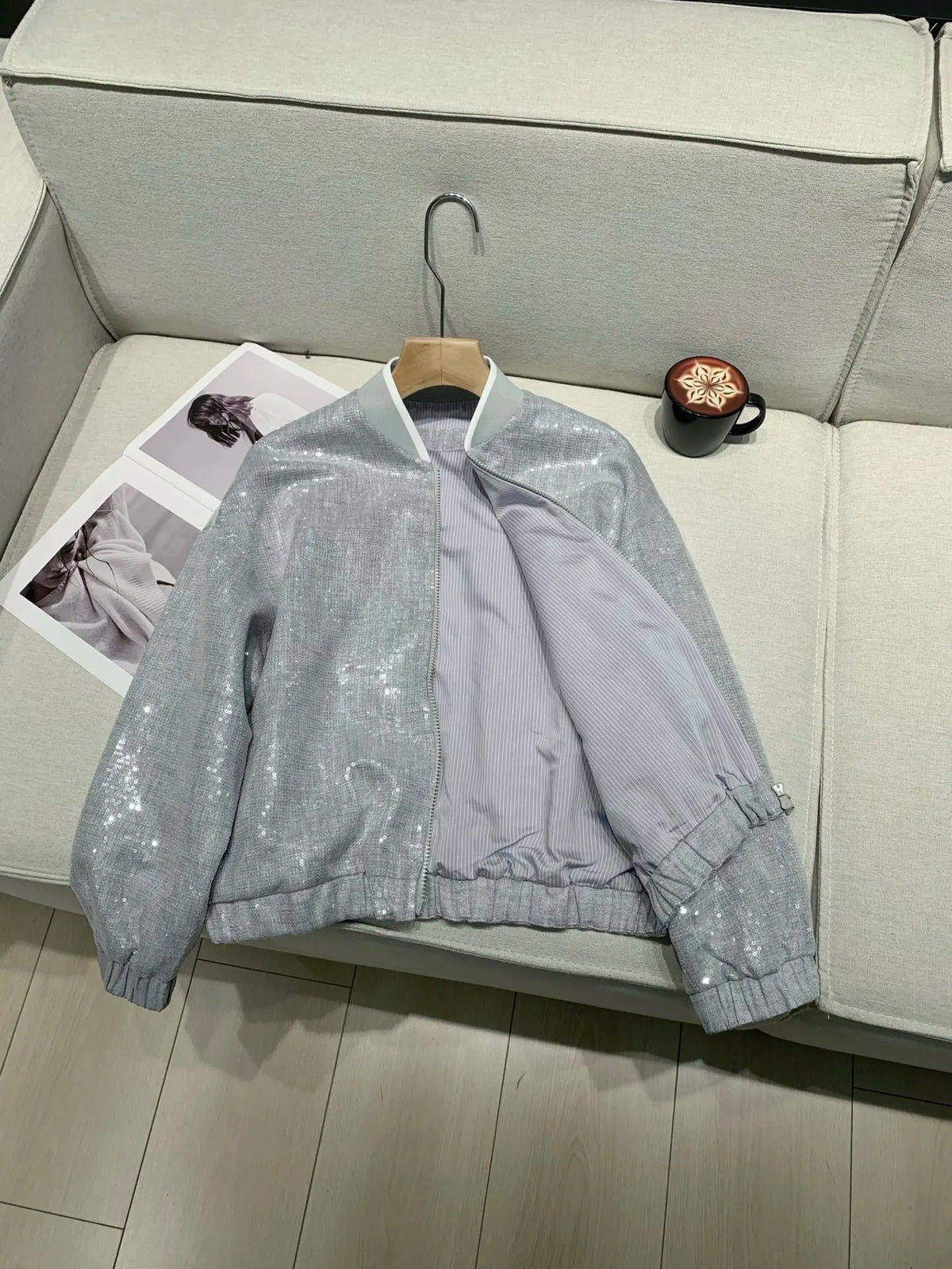 Elegant Heavy Sequin Zip Front Jacket Outerwear for Women