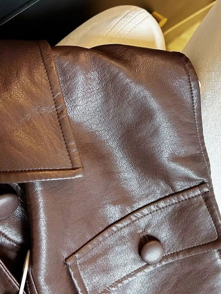 Retro Lapel Belted Leather Sleeveless Vest for Women