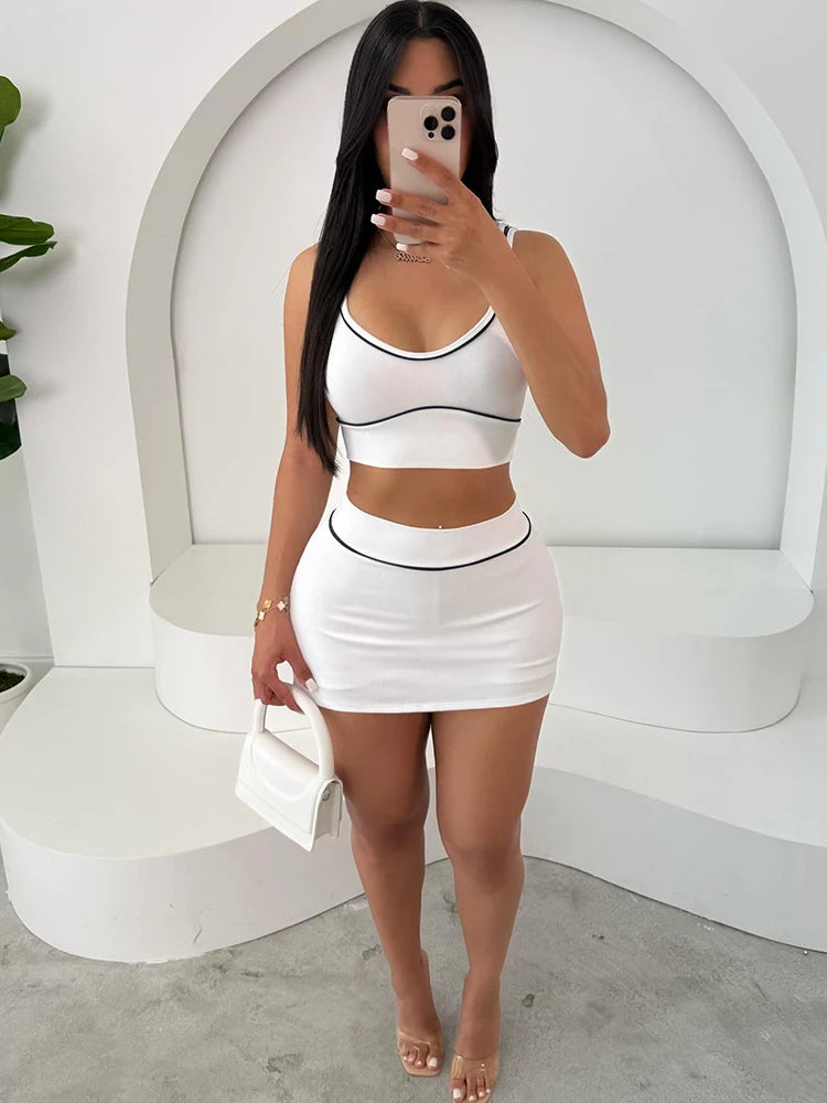 Striped Square Neck Two Piece Skirt Set Outfit for Women