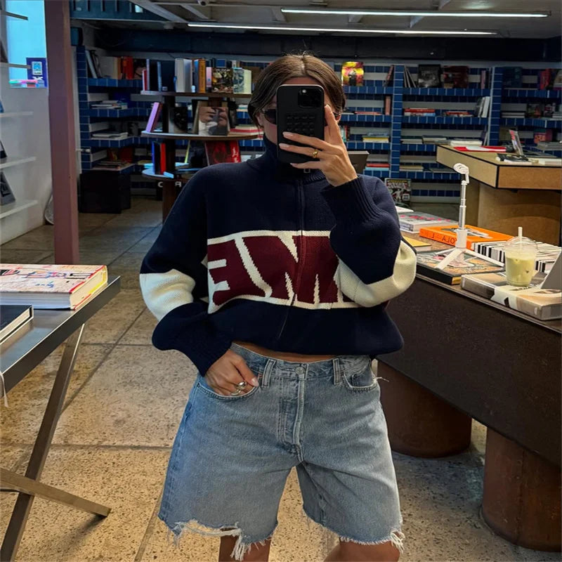 Letter Women 's Sweater Stand Collar Y2k Knit Sweaters For Woman Zipper Full Sleeve Tops Female 2025 Winter Men Jacket Knitwear