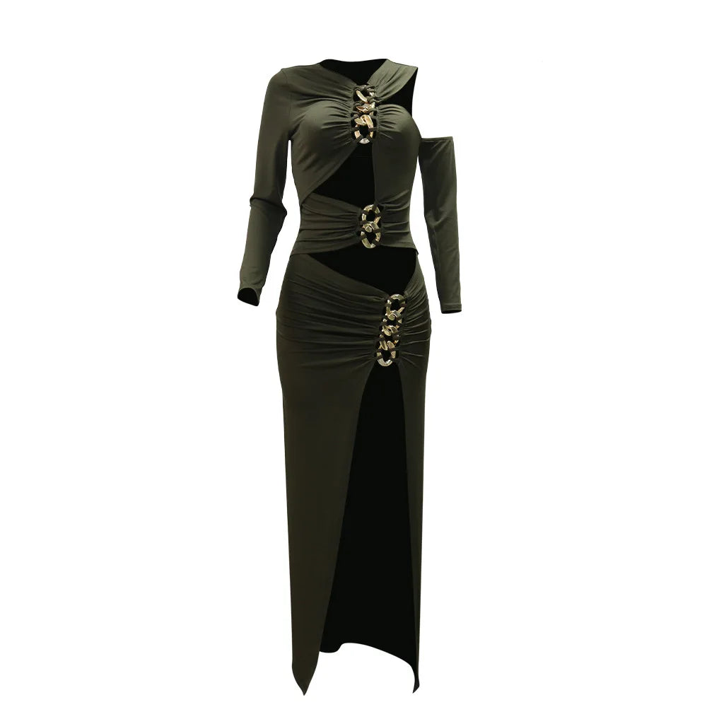Joskaa Elegant Metal Decoration Hollow Birthday Dress Woman Sexy Irregular Full Sleeve High Split Maxi Dresses 2025 Clubwear