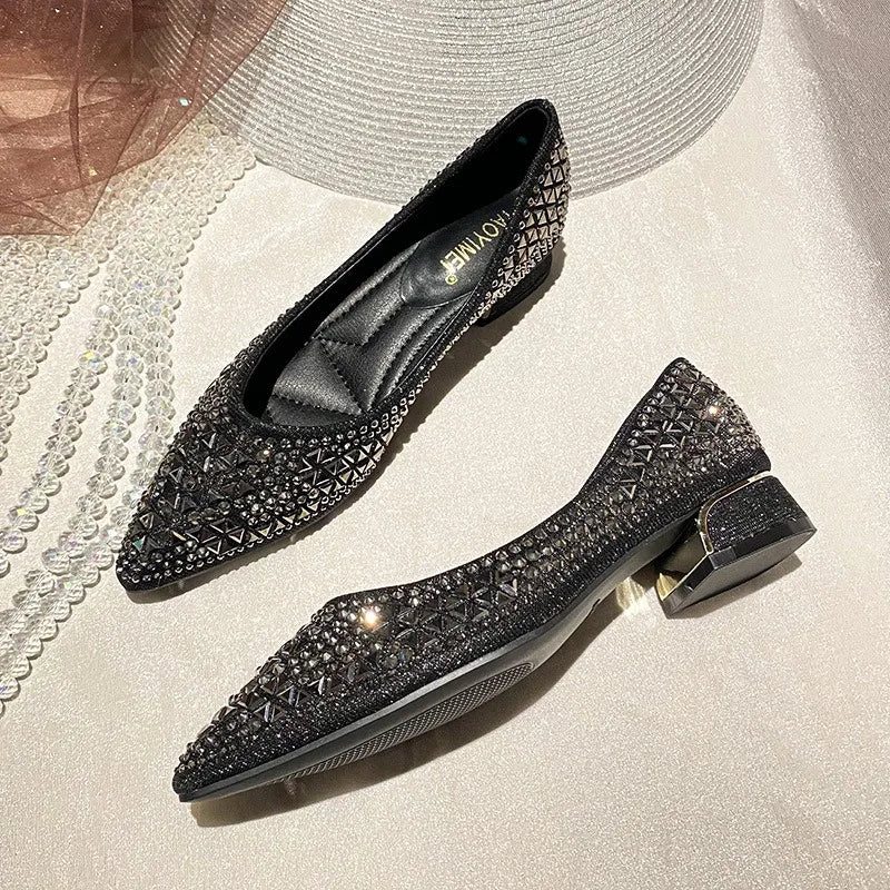 Sparkling Rhinestone Pointed Toe Ballet Flats for Women