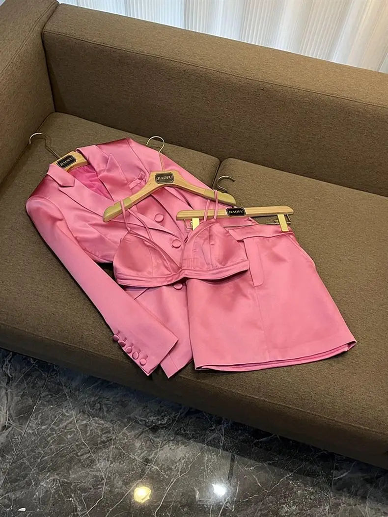 Elegant Pink Long Sleeve Blazer And Short Skirt Set For Women