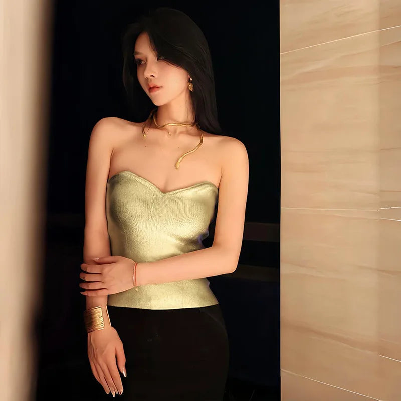 Cryptographic Fashion Vintage Strapless Gold Crop Tops Party Club Outfits for Women Tube Vest Sexy Backless Bustier Tops Y2K