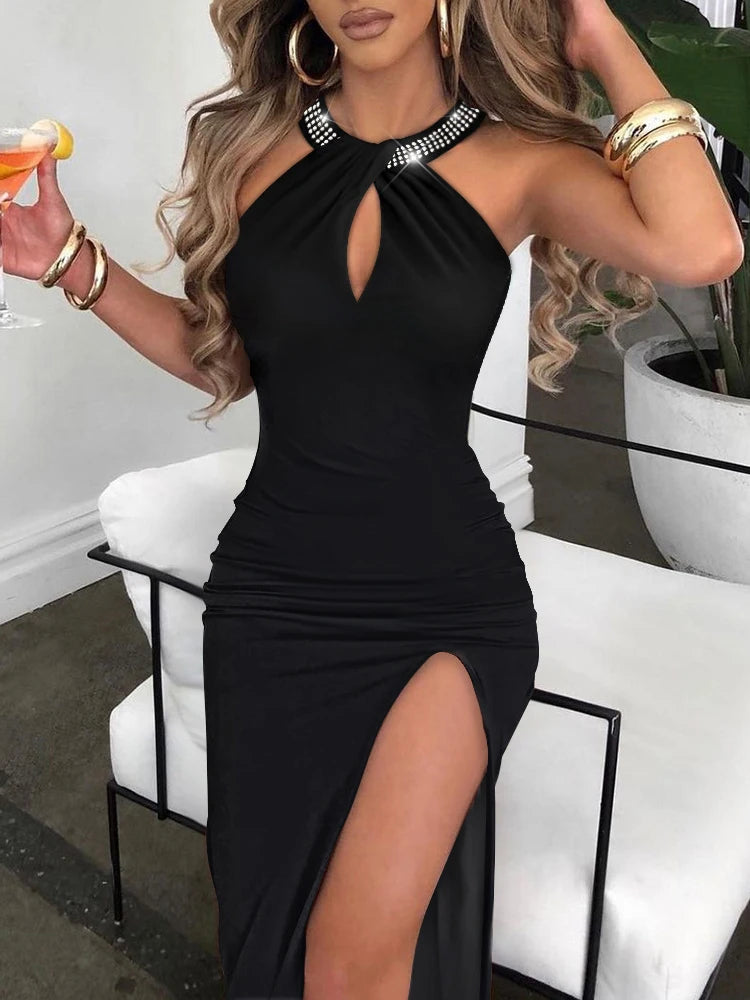 Elegant V-Neck High-Slit Sleeveless Midi Dress for Women