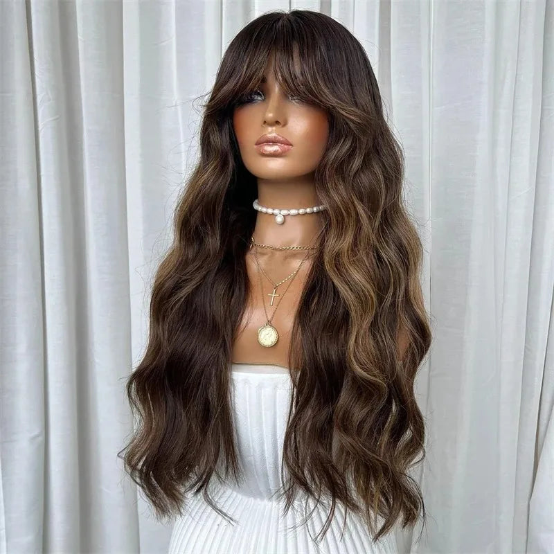 Heat Resistant Ombre Loose Wave Lace Front Wig With Bangs for Women