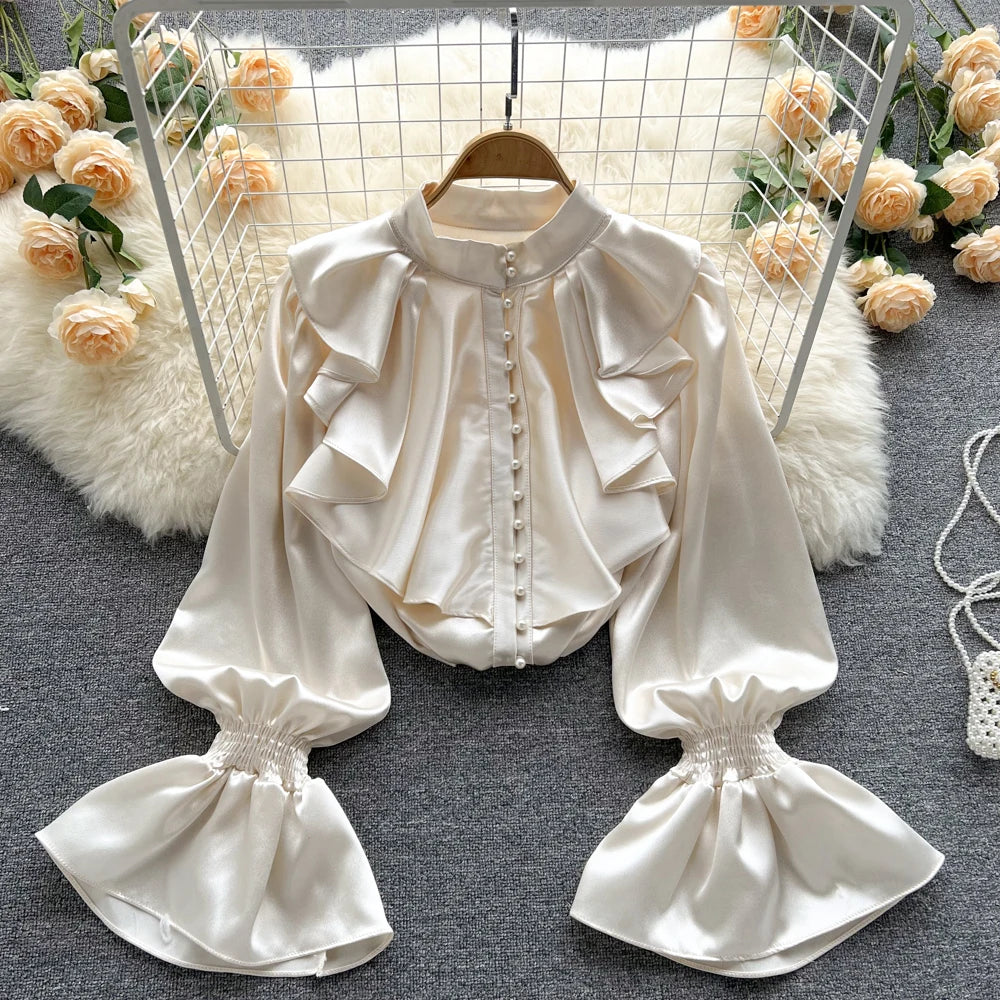 Elegant Satin Ruffle Long Sleeve Blouse for Women