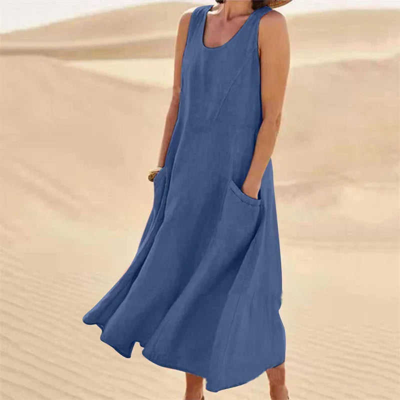 Casual Sleeveless Midi Dress With Side Pockets For Women
