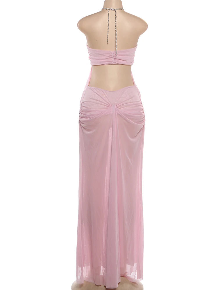 See-Through Halter Chain With Sleeveless Low-Neck Backless Gown for Women