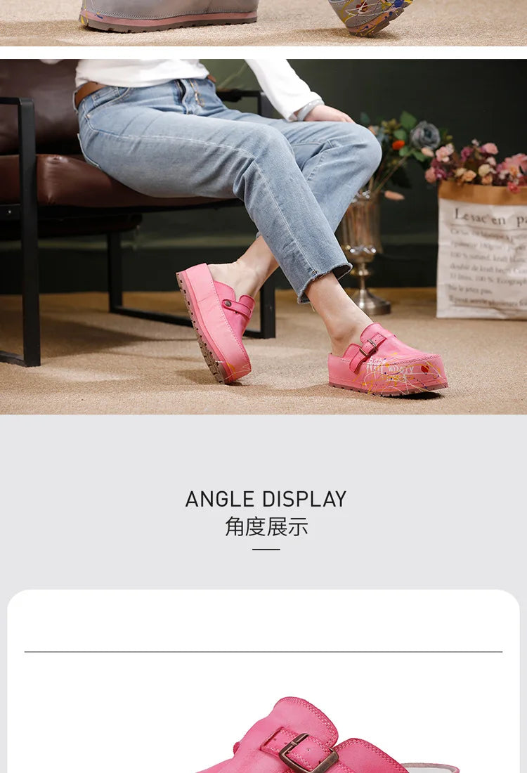 Hand Drawn Leather Platform Slippers with Round Toe for Women