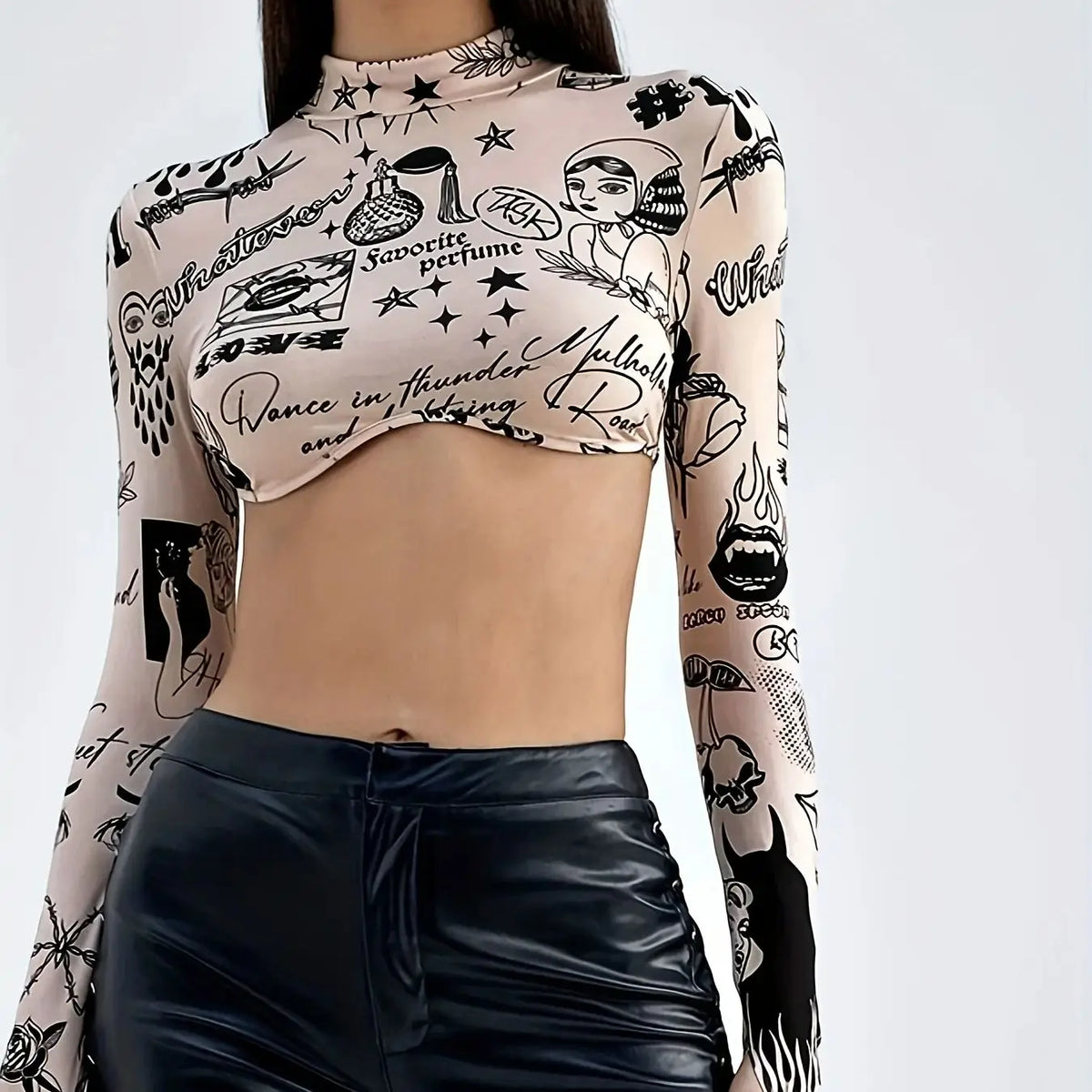 Patterned Mock Neck Cropped Long Sleeve Top for Women