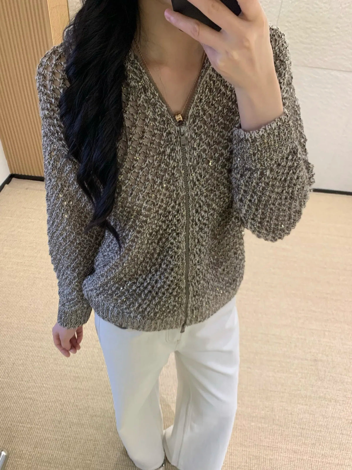 Sequined Hooded Knit Cardigan with Zipper for Women