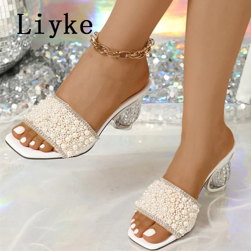 White Pearl Beaded Embellished Strappy Sandals for Women