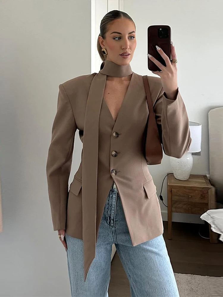 Elegant Slim V-Neck Scarf Trim Blazer Coat for Women