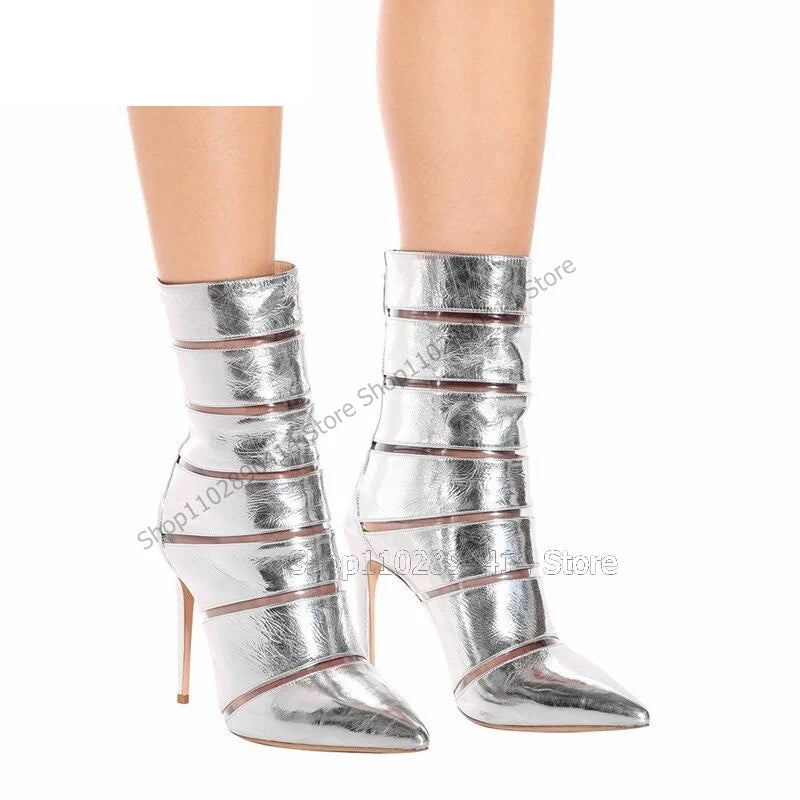 Silver Hollow Pointed Toe Mid Calf Boots For Women